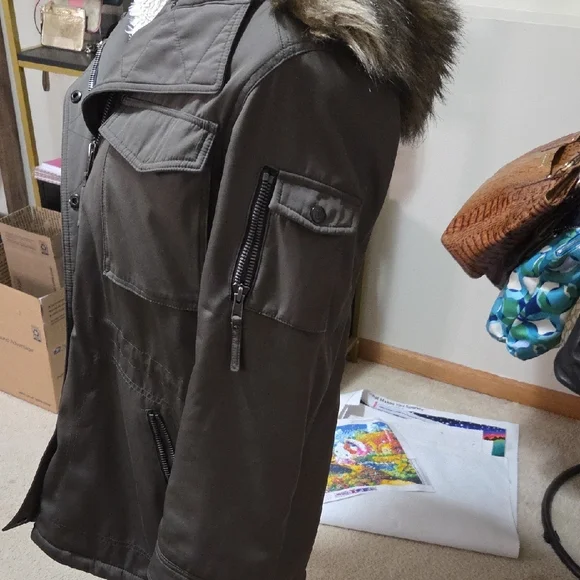 Olive Utility Jacket with Fur Trim Hood - Picture 4 of 5